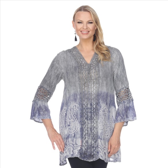 Shoreline Tops - Super-Cute 3/4 Sleeve Tie Tye Tunic - Grey / Blue